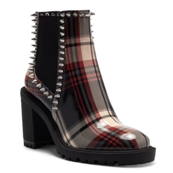 NEW Jessica Simpson Demmie Plaid Patent Stud Chunky Lug Sole Chelsea Booties - Picture 1 of 6